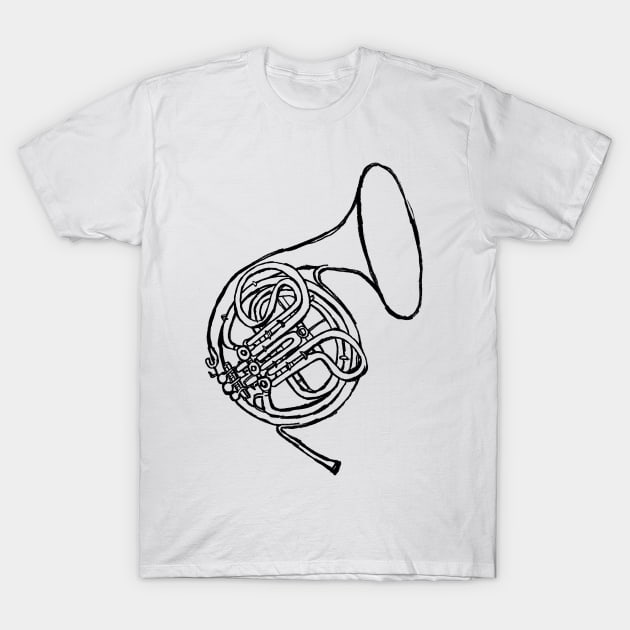 Hand Drawn Brass Vintage French Horn T-Shirt by badlydrawnbabe